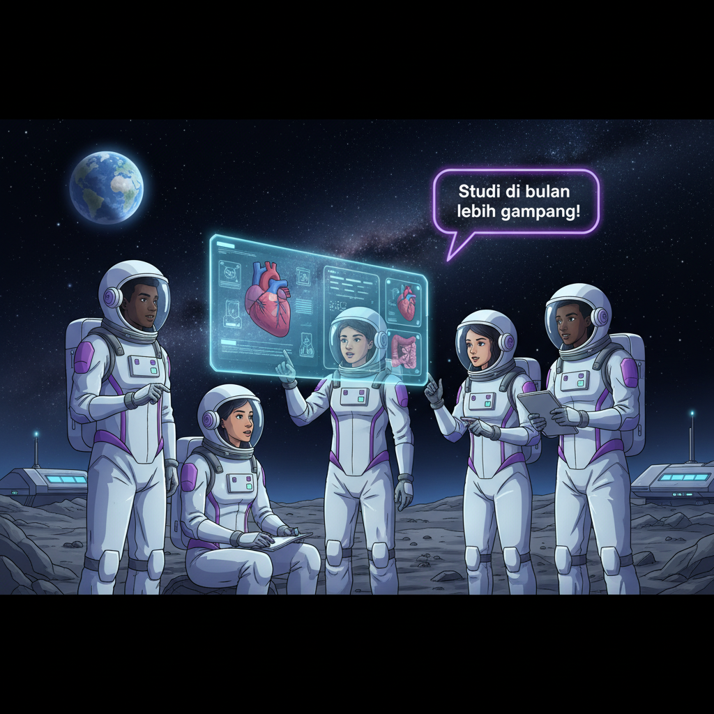 Five medical students in space suits studying on the moon with holographic displays